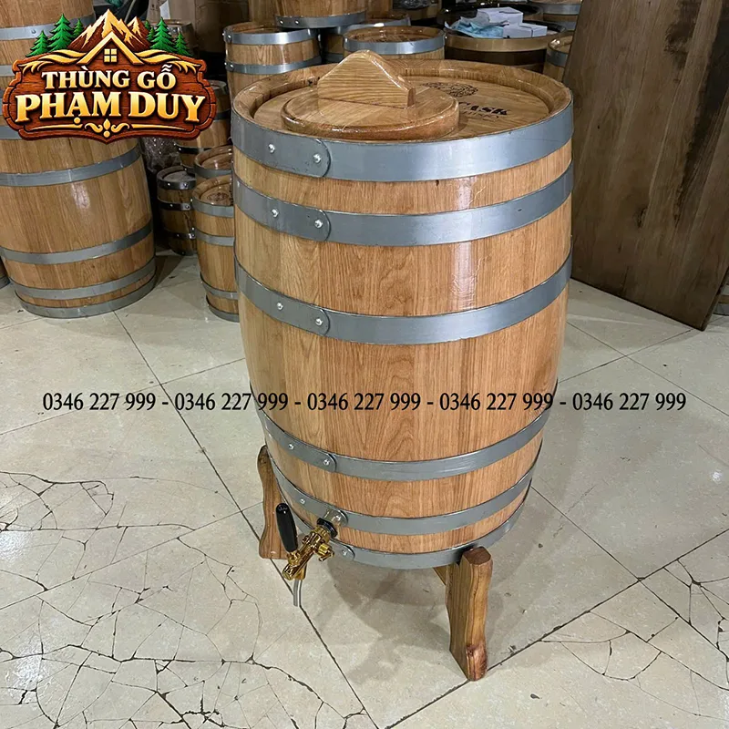 thùng ngâm rượu gỗ sồi 100l chân đế gỗ